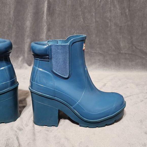 HUNTER TEAL CHUNKY BLOCK HEEL CHELSEA RAIN BOOTS Women's Size 8 - Picture 4 of 12